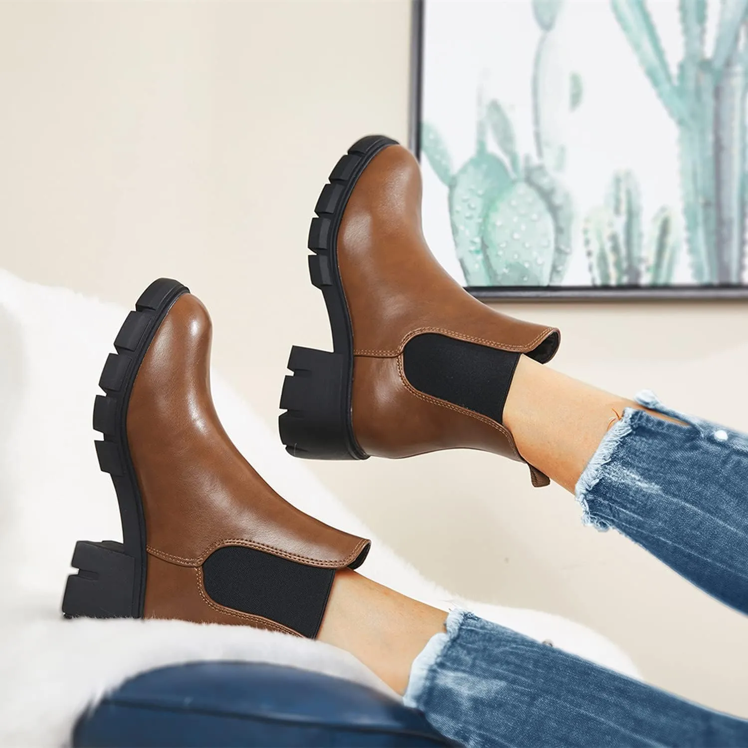 Fttpdeaus Women's Lug Sole Ankle Boots Casual Chunky Platform Boots Elastic Block Heel Combat Chelsea Booties
