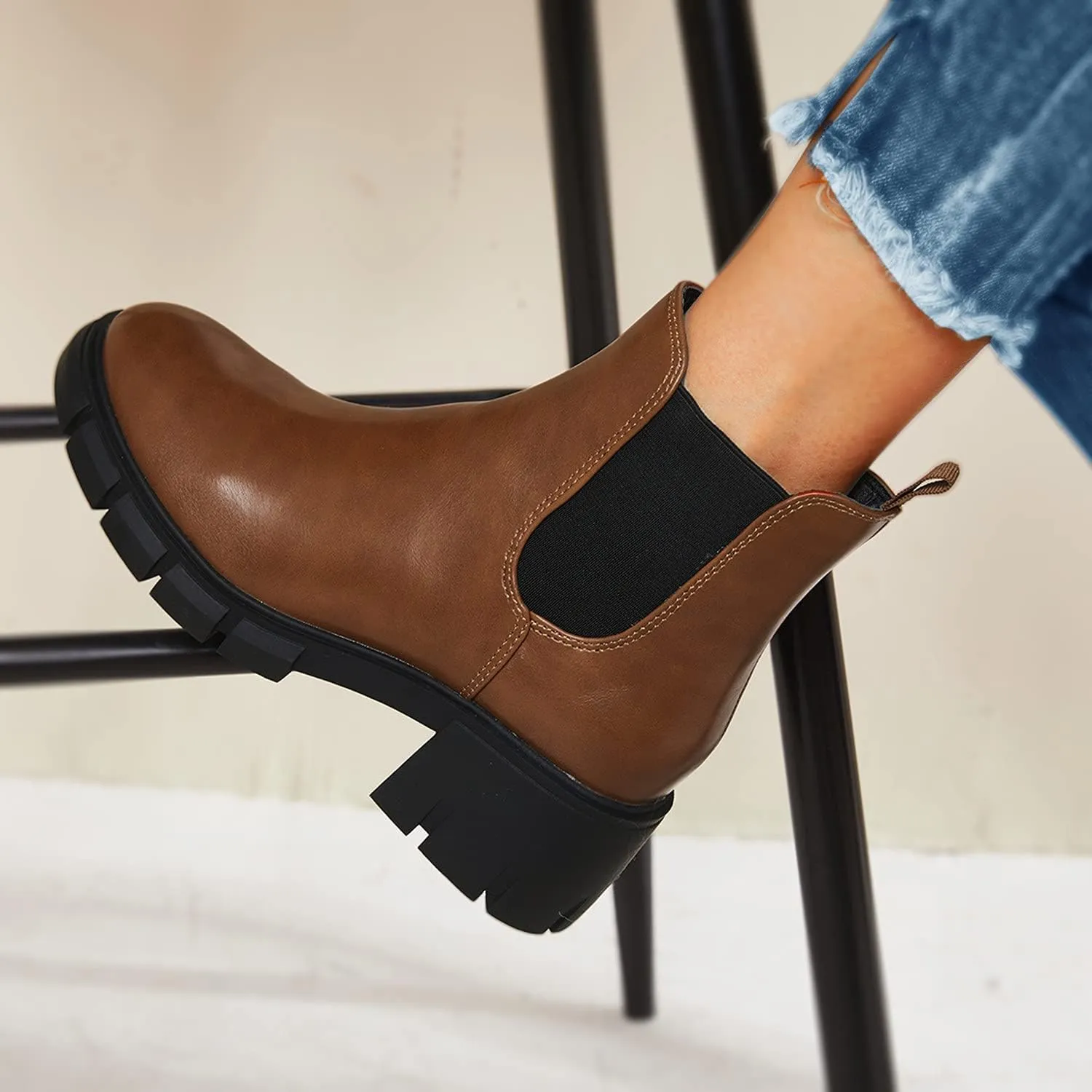 Fttpdeaus Women's Lug Sole Ankle Boots Casual Chunky Platform Boots Elastic Block Heel Combat Chelsea Booties