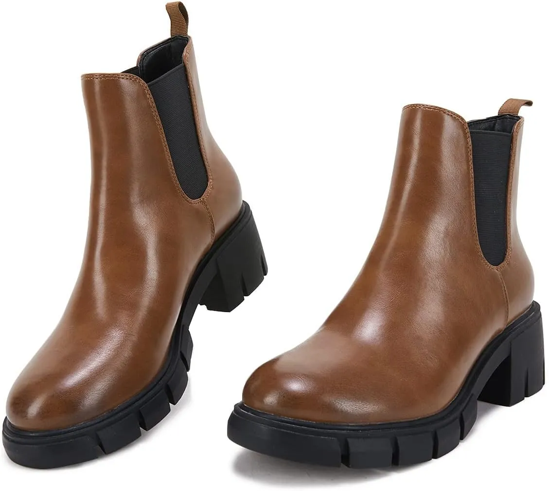 Fttpdeaus Women's Lug Sole Ankle Boots Casual Chunky Platform Boots Elastic Block Heel Combat Chelsea Booties