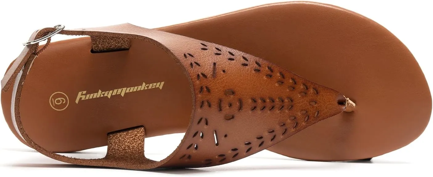 FUNKYMONKEY Thong Flat Sandals, Women's Casual T-Strap and Adjustable Ankle Buckle for Summer Beach Sandals