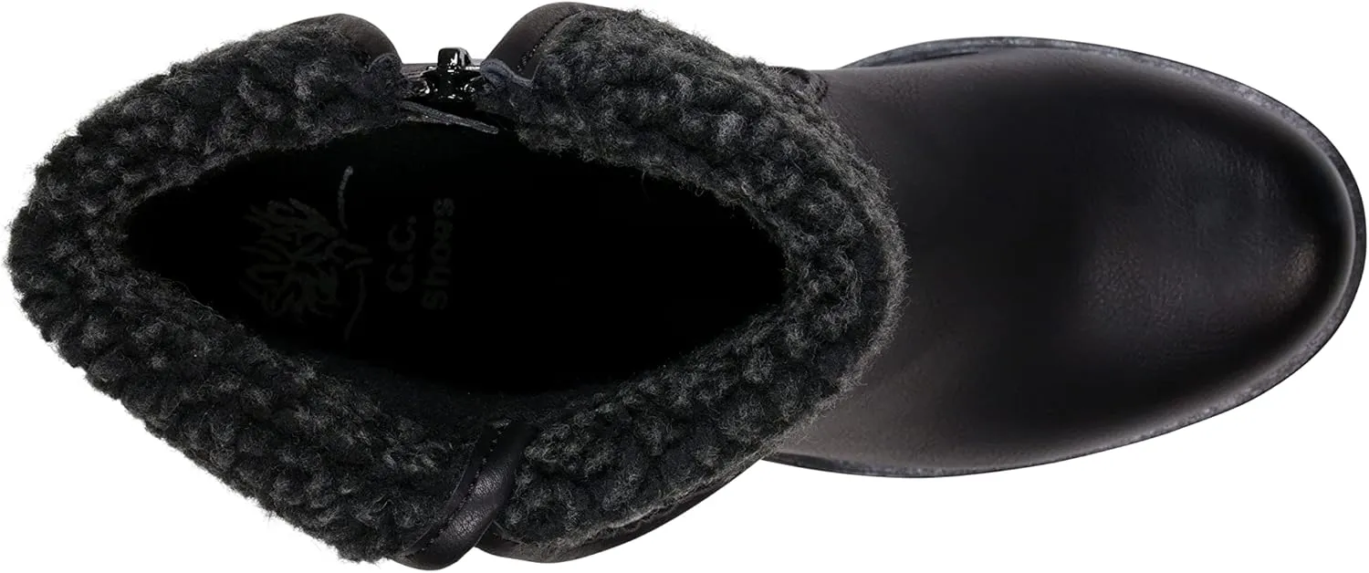 GC Shoes Foldover Ankle Boots for Women, Plush Cuff Low Heel Vegan Leather Buckle Strap Fashion Booties