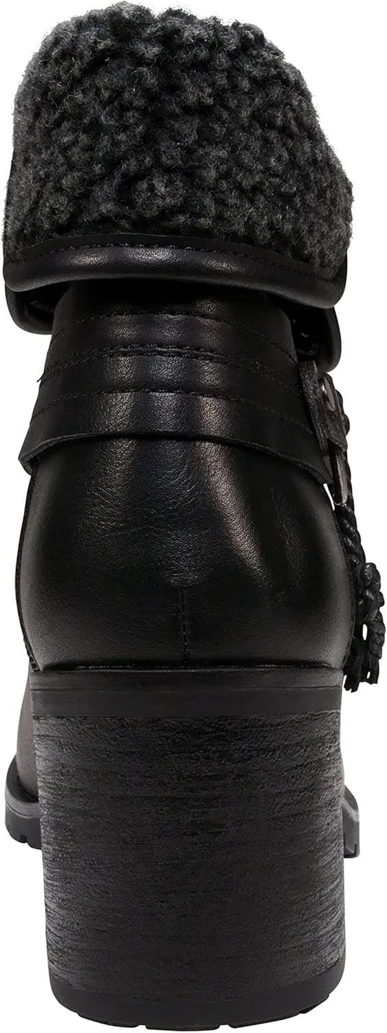 GC Shoes Foldover Ankle Boots for Women, Plush Cuff Low Heel Vegan Leather Buckle Strap Fashion Booties