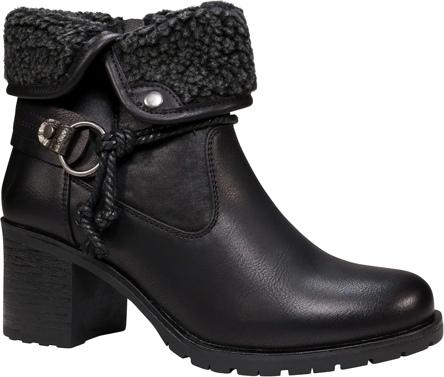 GC Shoes Foldover Ankle Boots for Women, Plush Cuff Low Heel Vegan Leather Buckle Strap Fashion Booties