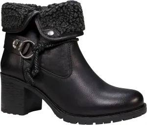 GC Shoes Foldover Ankle Boots for Women, Plush Cuff Low Heel Vegan Leather Buckle Strap Fashion Booties