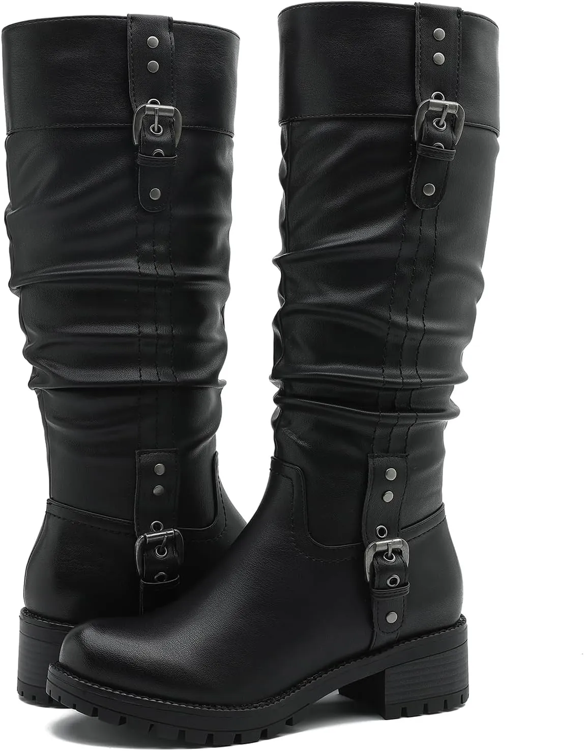 GLOBALWIN Women's Black Knee-High Boots: Fashion Dressy Riding Boots - Chunky Low Heel, Slouchy Design, Buckle Detail, All-Season, Comfortable 2-Inch Heels