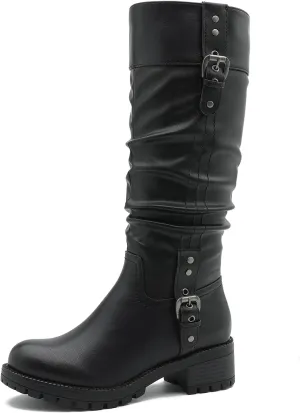 GLOBALWIN Women's Black Knee-High Boots: Fashion Dressy Riding Boots - Chunky Low Heel, Slouchy Design, Buckle Detail, All-Season, Comfortable 2-Inch Heels