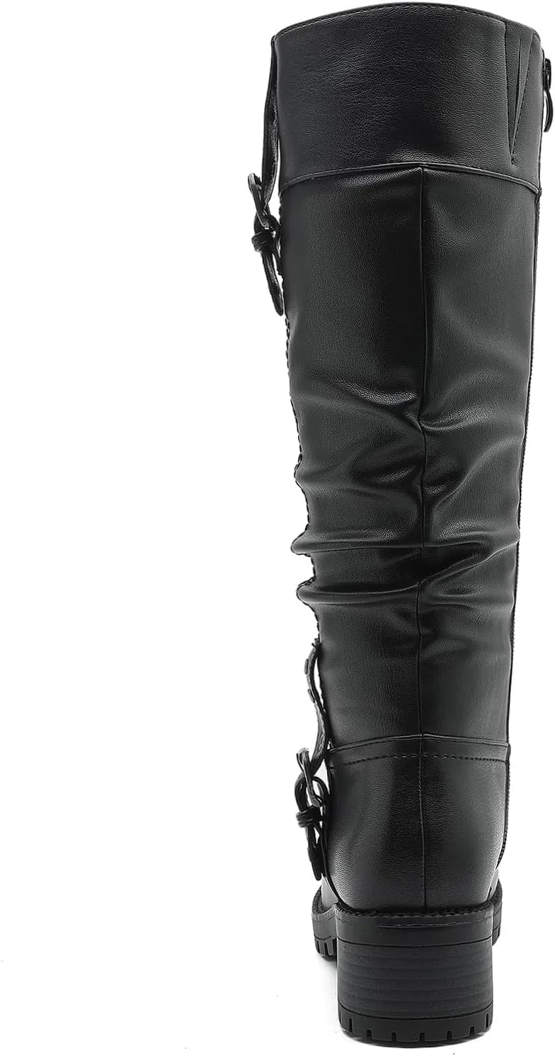 GLOBALWIN Women's Black Knee-High Boots: Fashion Dressy Riding Boots - Chunky Low Heel, Slouchy Design, Buckle Detail, All-Season, Comfortable 2-Inch Heels