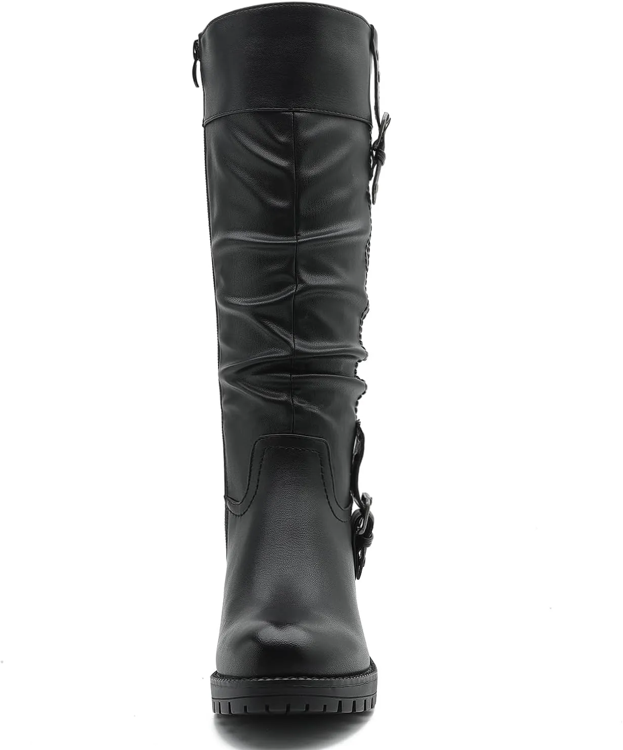 GLOBALWIN Women's Black Knee-High Boots: Fashion Dressy Riding Boots - Chunky Low Heel, Slouchy Design, Buckle Detail, All-Season, Comfortable 2-Inch Heels
