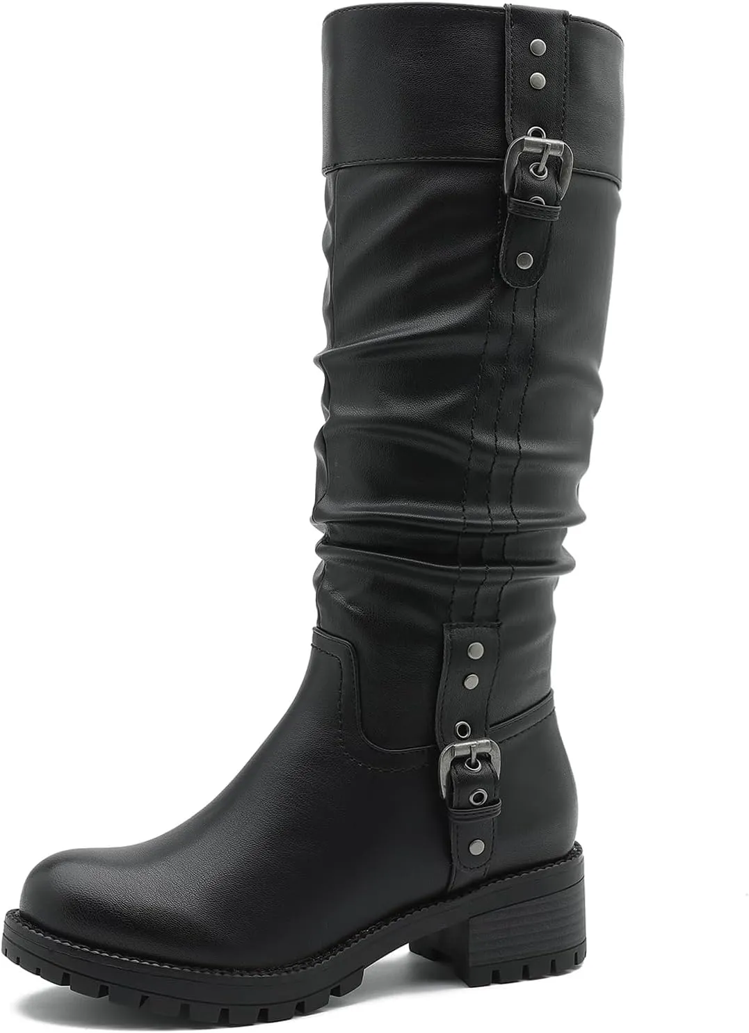GLOBALWIN Women's Black Knee-High Boots: Fashion Dressy Riding Boots - Chunky Low Heel, Slouchy Design, Buckle Detail, All-Season, Comfortable 2-Inch Heels