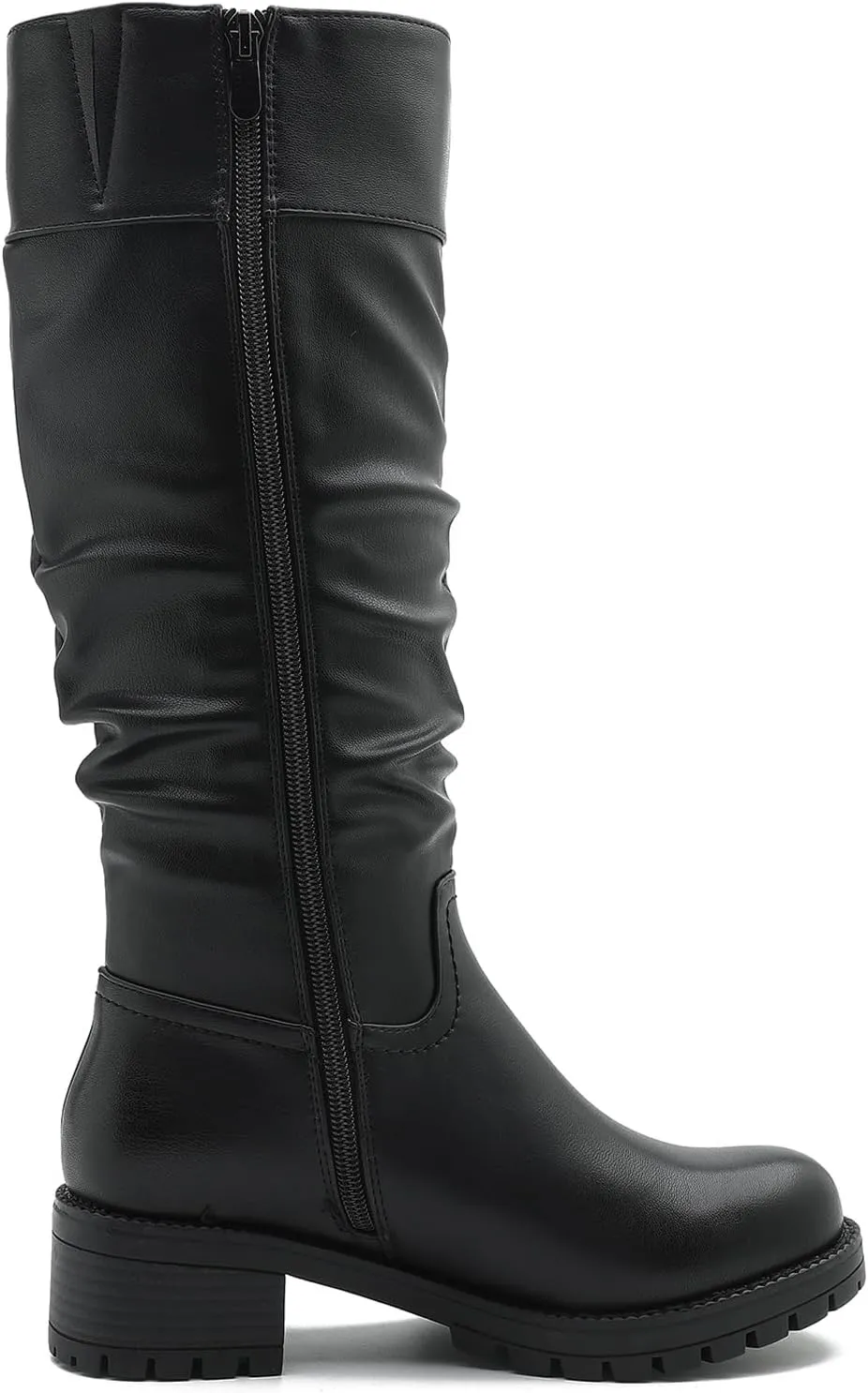 GLOBALWIN Women's Black Knee-High Boots: Fashion Dressy Riding Boots - Chunky Low Heel, Slouchy Design, Buckle Detail, All-Season, Comfortable 2-Inch Heels