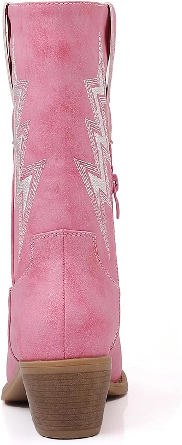 GLOBALWIN Women's Mid Calf Western Cowboy Cowgirl Pointed Toe Boots With Chunky Low Heels