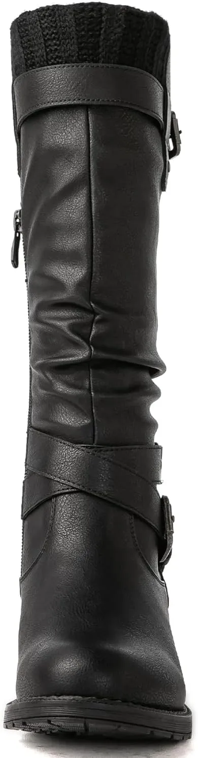 GLOBALWIN Women's Motorcycle Boots Mid Calf Boots Low Heels