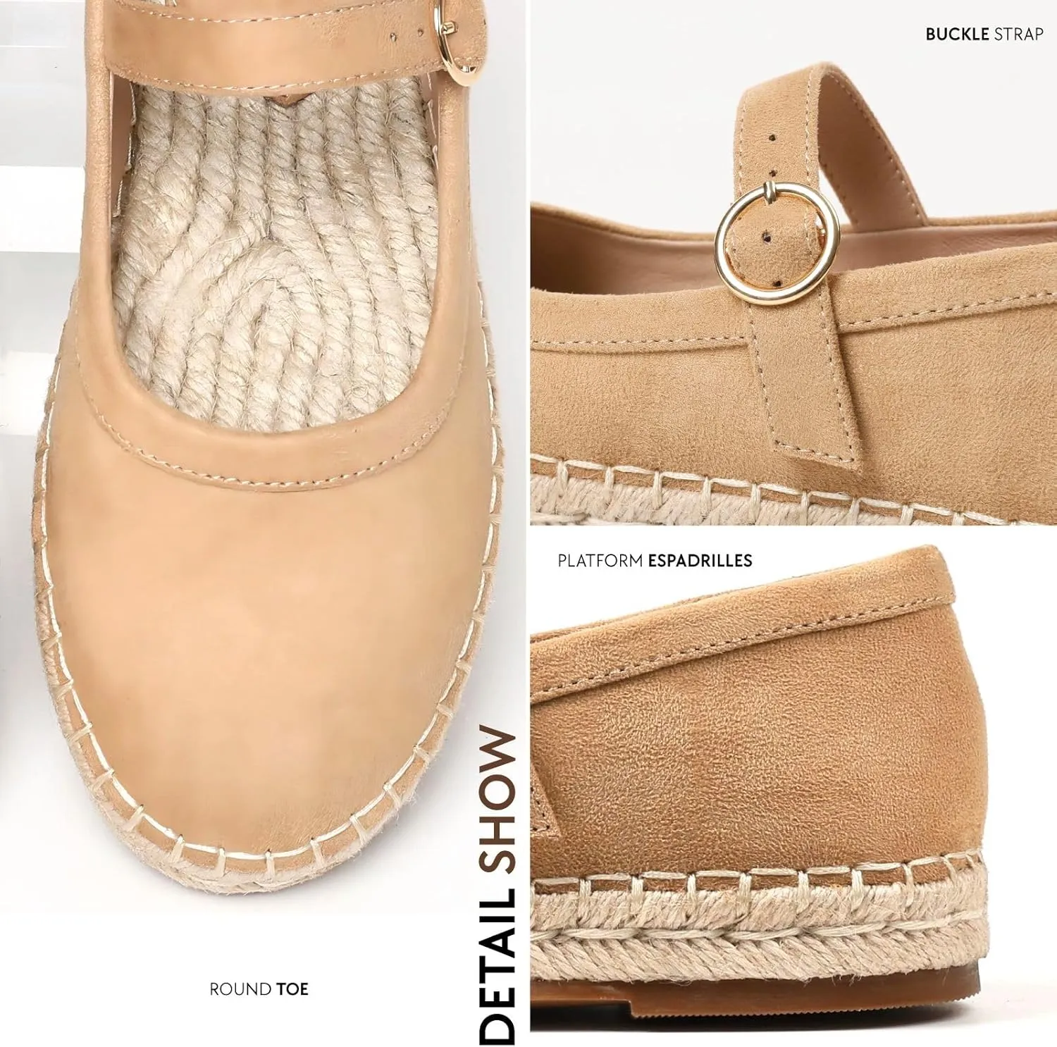 Goiphrri Brown Ballet Flats Shoes for Women Comfortable Mary Jane Flats Round Toe Espadrilles Platform Mary Janes Buckle Strap Suede Ballerina Flats for Women