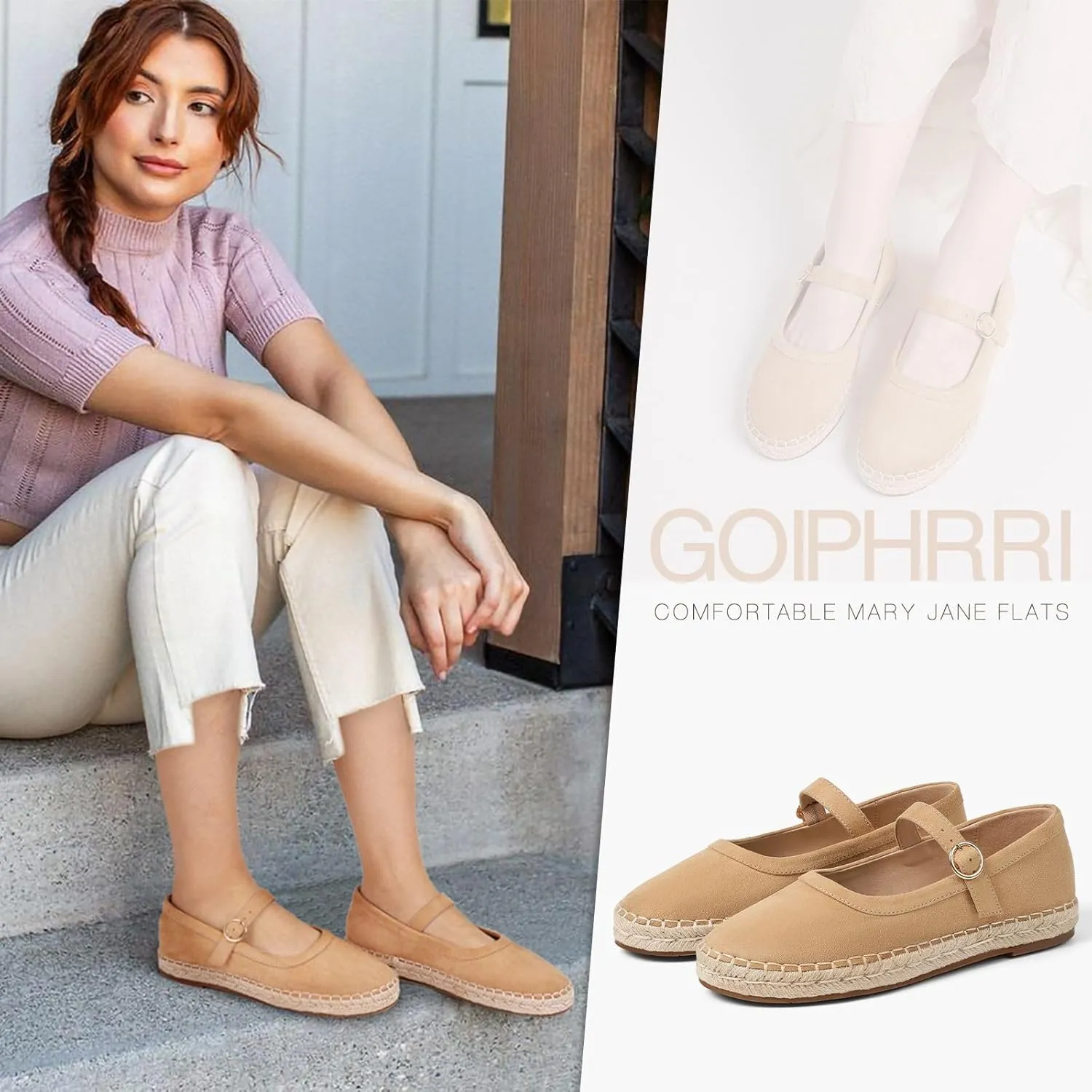 Goiphrri Brown Ballet Flats Shoes for Women Comfortable Mary Jane Flats Round Toe Espadrilles Platform Mary Janes Buckle Strap Suede Ballerina Flats for Women