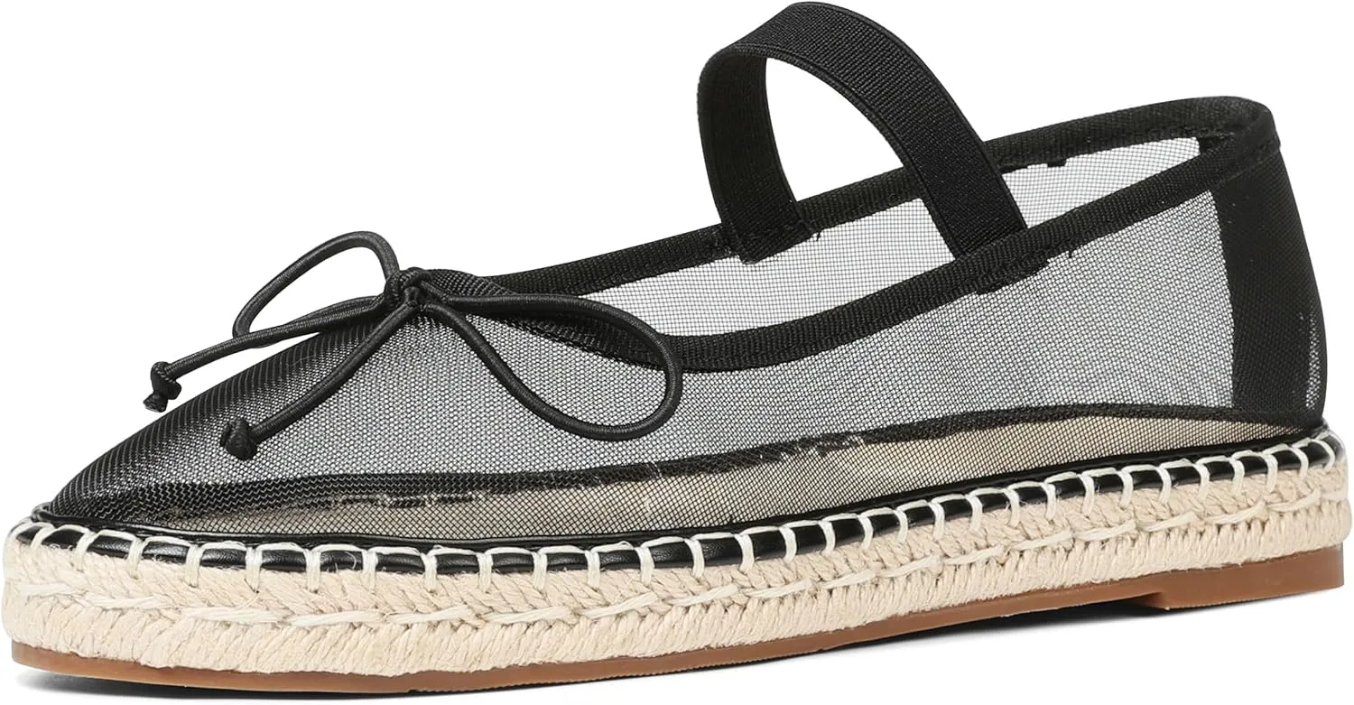 Goiphrri Mesh Mary Jane Flats for Women Platform Espadrilles Bow Knot Mary Janes Straw Mesh Ballet Flats for Women Flatform Dress Pumps