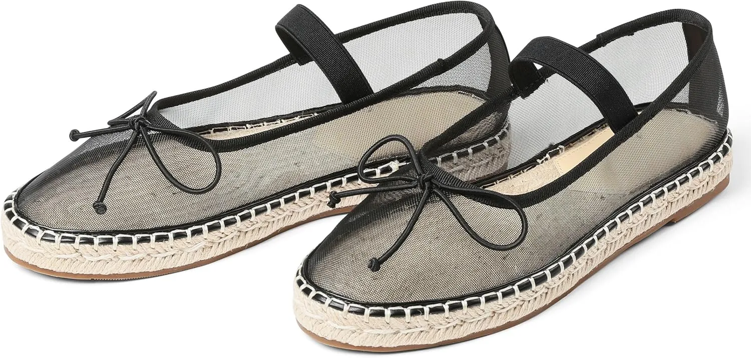 Goiphrri Mesh Mary Jane Flats for Women Platform Espadrilles Bow Knot Mary Janes Straw Mesh Ballet Flats for Women Flatform Dress Pumps