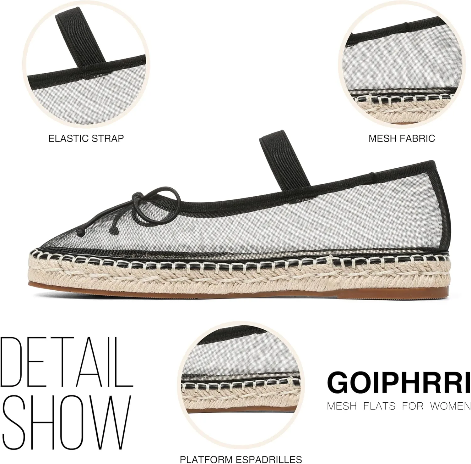 Goiphrri Mesh Mary Jane Flats for Women Platform Espadrilles Bow Knot Mary Janes Straw Mesh Ballet Flats for Women Flatform Dress Pumps