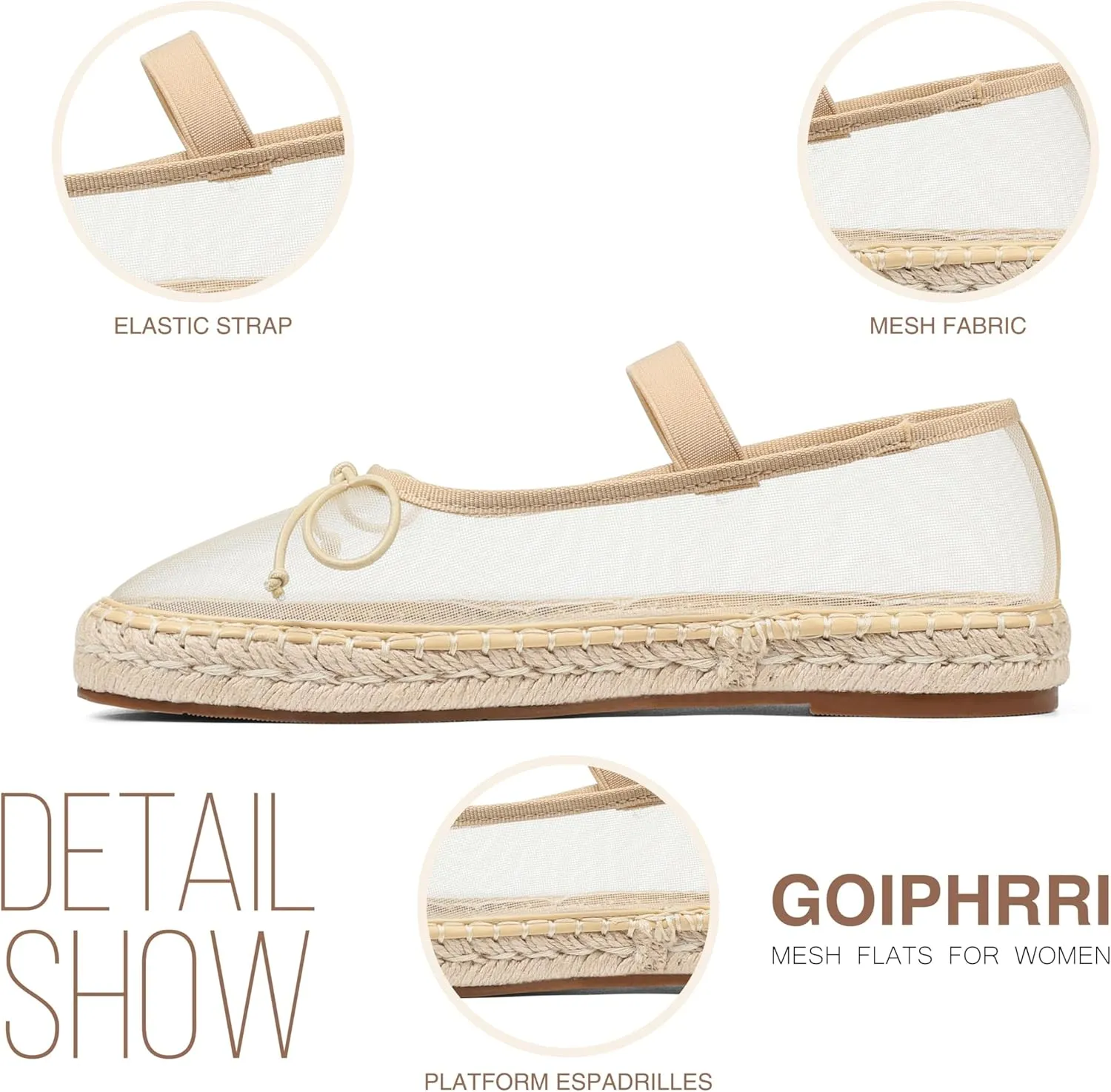 Goiphrri Mesh Mary Jane Flats for Women Platform Espadrilles Bow Knot Mary Janes Straw Mesh Ballet Flats for Women Flatform Dress Pumps