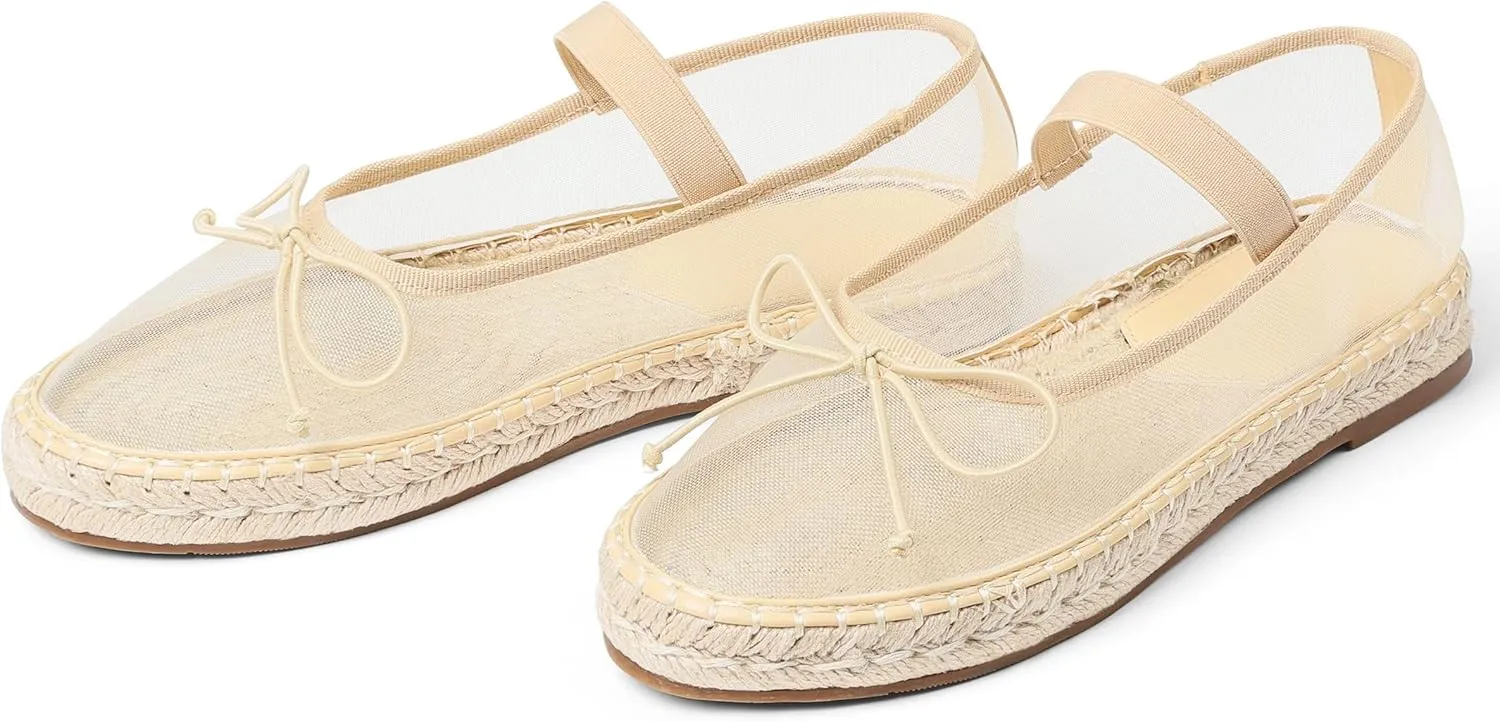 Goiphrri Mesh Mary Jane Flats for Women Platform Espadrilles Bow Knot Mary Janes Straw Mesh Ballet Flats for Women Flatform Dress Pumps