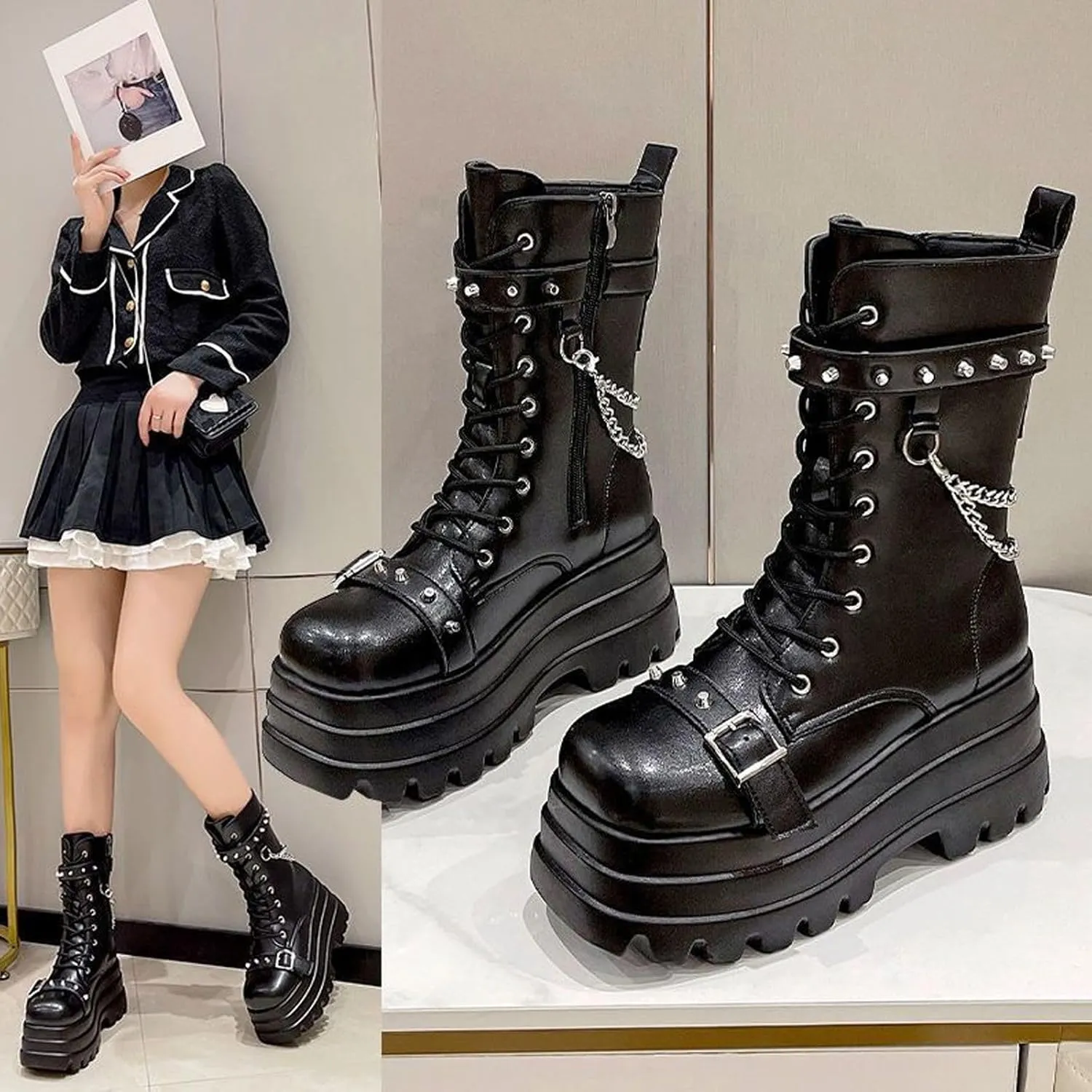 Goth Chunky Ankle Boots for Women - Bat Buckle DIY Platform,Zip Round Toe Lace Up Combat Bootie, Wedge Rave Boots Black Punk Shoes - Light Weight & Waterproof