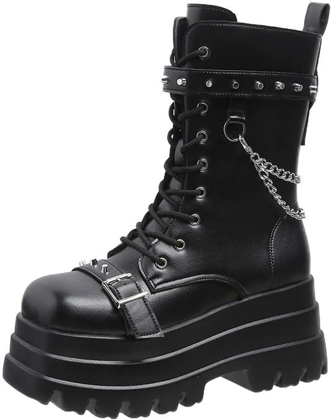 Goth Chunky Ankle Boots for Women - Bat Buckle DIY Platform,Zip Round Toe Lace Up Combat Bootie, Wedge Rave Boots Black Punk Shoes - Light Weight & Waterproof