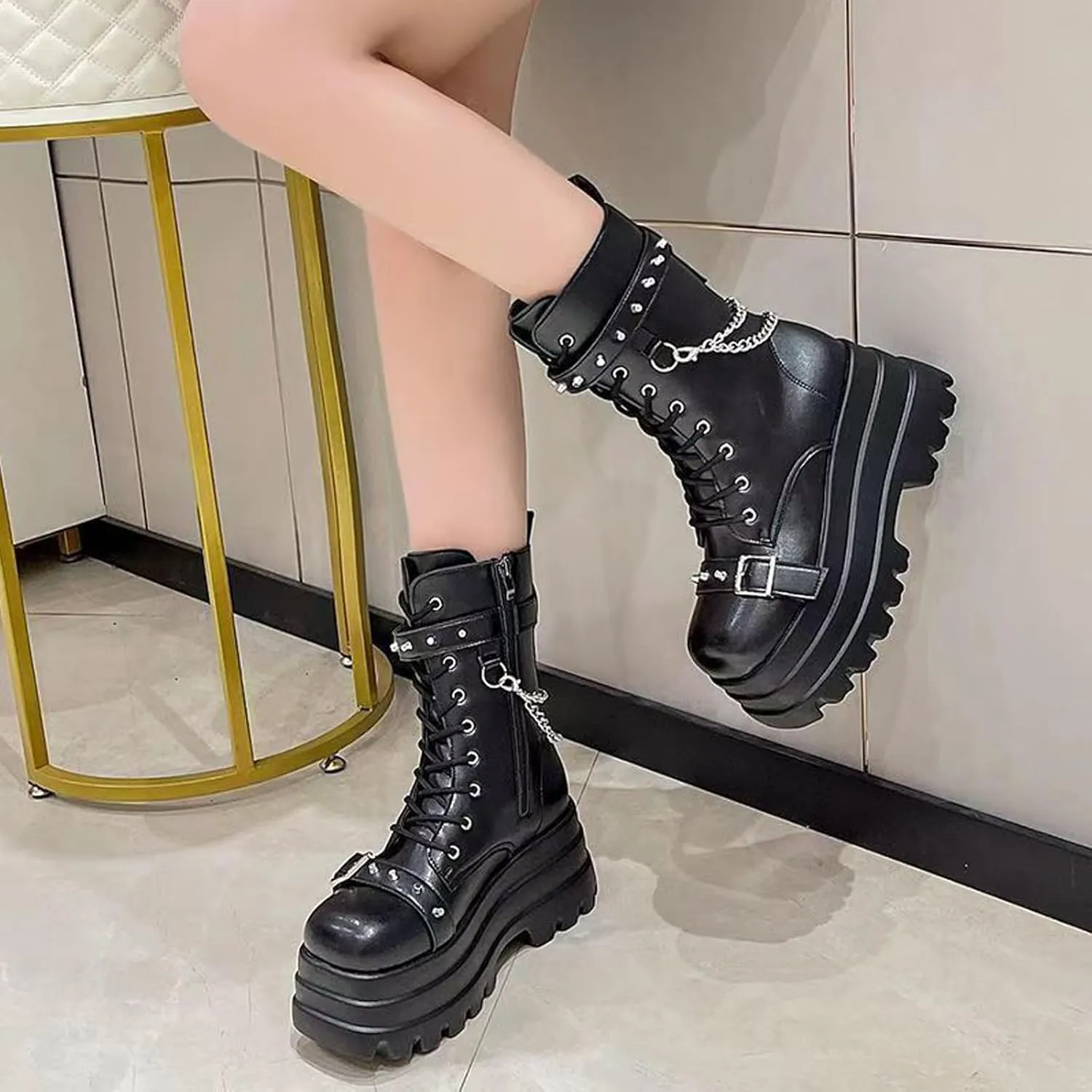 Goth Chunky Ankle Boots for Women - Bat Buckle DIY Platform,Zip Round Toe Lace Up Combat Bootie, Wedge Rave Boots Black Punk Shoes - Light Weight & Waterproof