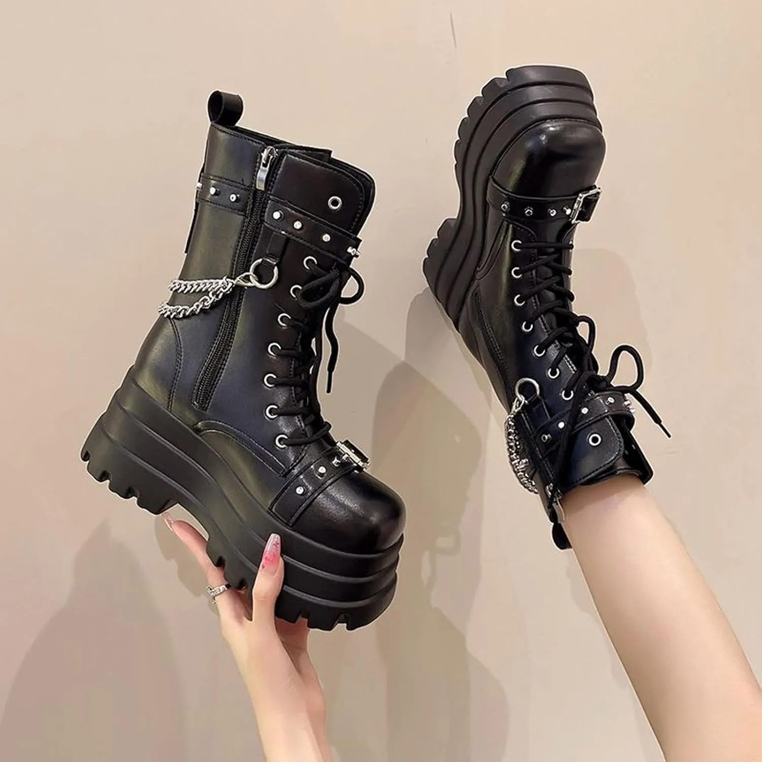 Goth Chunky Ankle Boots for Women - Bat Buckle DIY Platform,Zip Round Toe Lace Up Combat Bootie, Wedge Rave Boots Black Punk Shoes - Light Weight & Waterproof