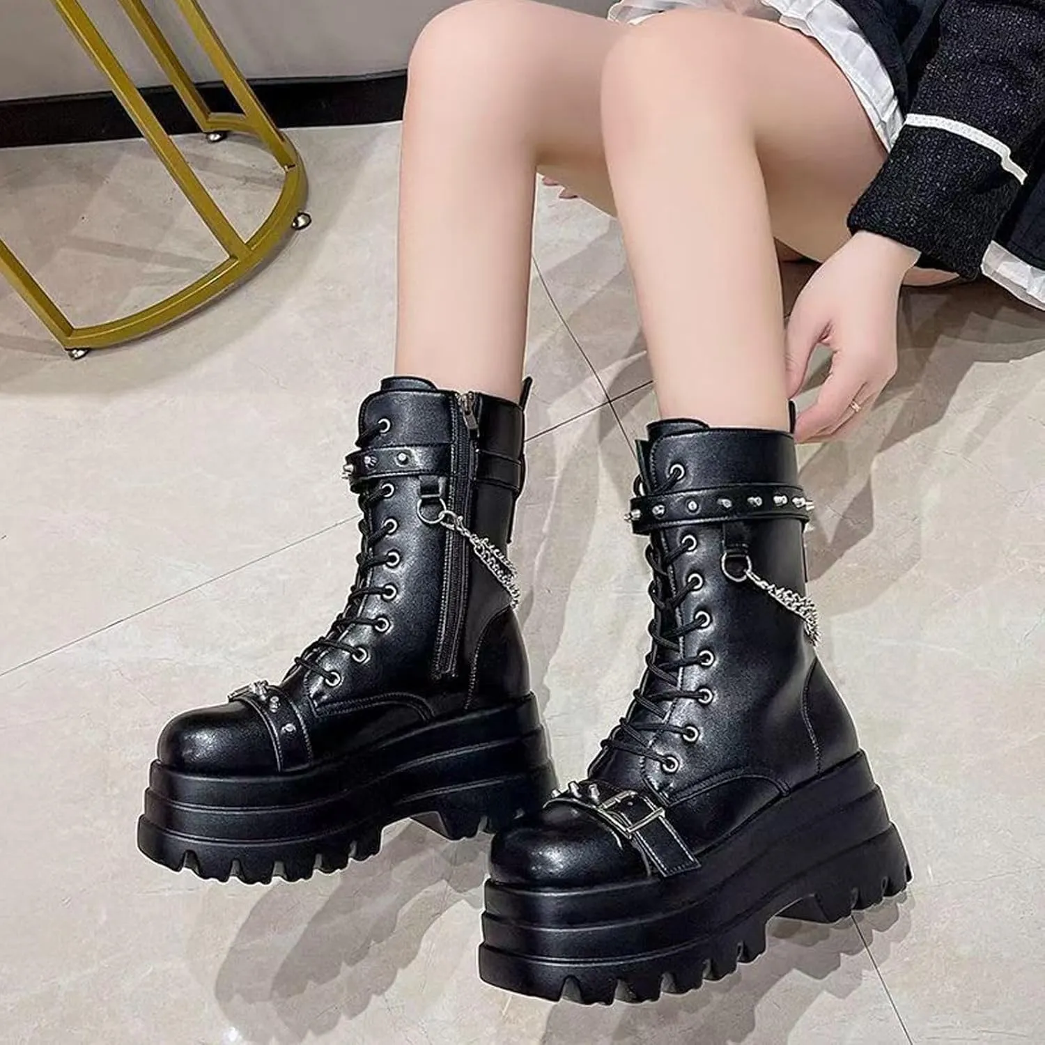 Goth Chunky Ankle Boots for Women - Bat Buckle DIY Platform,Zip Round Toe Lace Up Combat Bootie, Wedge Rave Boots Black Punk Shoes - Light Weight & Waterproof