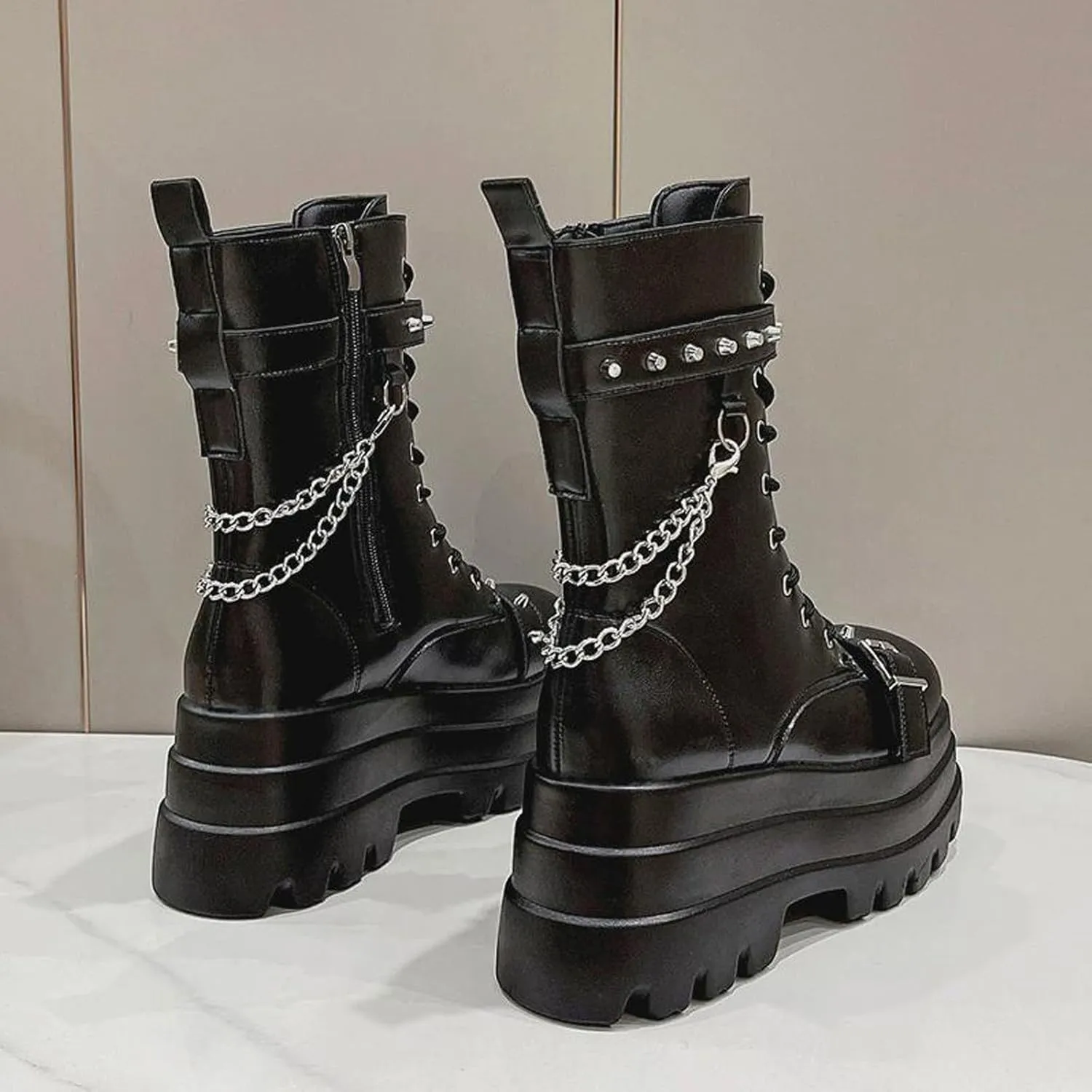 Goth Chunky Ankle Boots for Women - Bat Buckle DIY Platform,Zip Round Toe Lace Up Combat Bootie, Wedge Rave Boots Black Punk Shoes - Light Weight & Waterproof