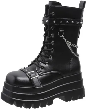 Goth Chunky Ankle Boots for Women - Bat Buckle DIY Platform,Zip Round Toe Lace Up Combat Bootie, Wedge Rave Boots Black Punk Shoes - Light Weight & Waterproof