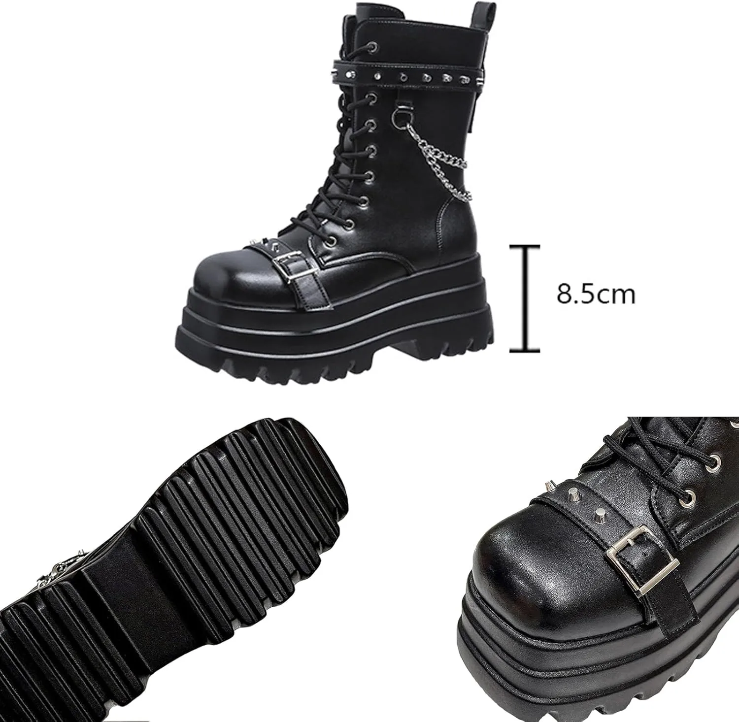 Goth Chunky Ankle Boots for Women - Bat Buckle DIY Platform,Zip Round Toe Lace Up Combat Bootie, Wedge Rave Boots Black Punk Shoes - Light Weight & Waterproof