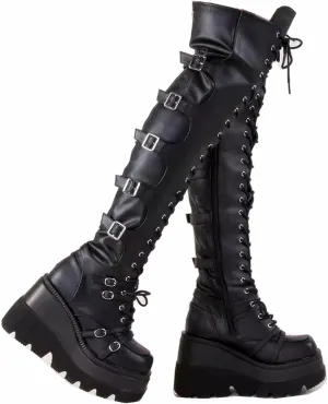 Gothniero Black Platform Boots Over Knee Thigh High Goth Boots for Women Chunky Heel Rave Motorcycle Boots with Buckles Side Zip Lace Boots Size5.5-10