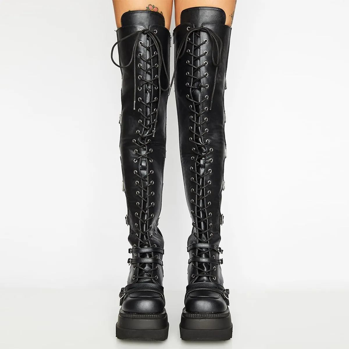 Gothniero Black Platform Boots Over Knee Thigh High Goth Boots for Women Chunky Heel Rave Motorcycle Boots with Buckles Side Zip Lace Boots Size5.5-10