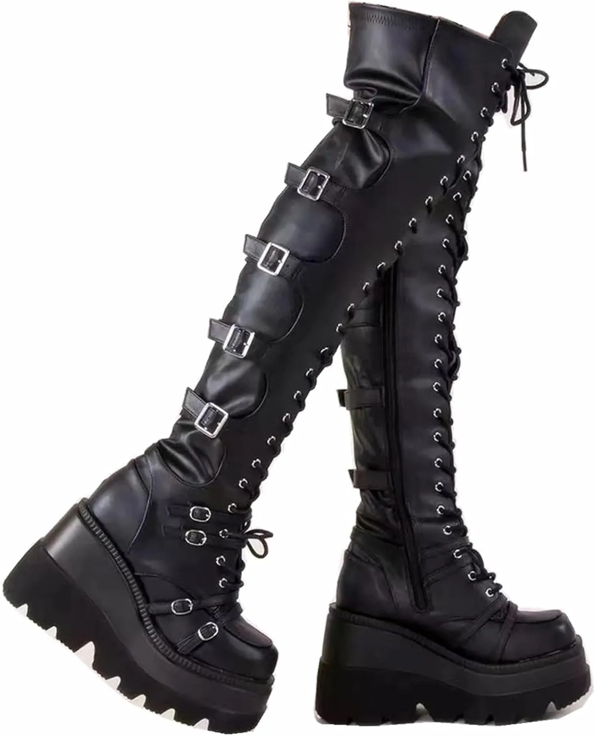 Gothniero Black Platform Boots Over Knee Thigh High Goth Boots for Women Chunky Heel Rave Motorcycle Boots with Buckles Side Zip Lace Boots Size5.5-10