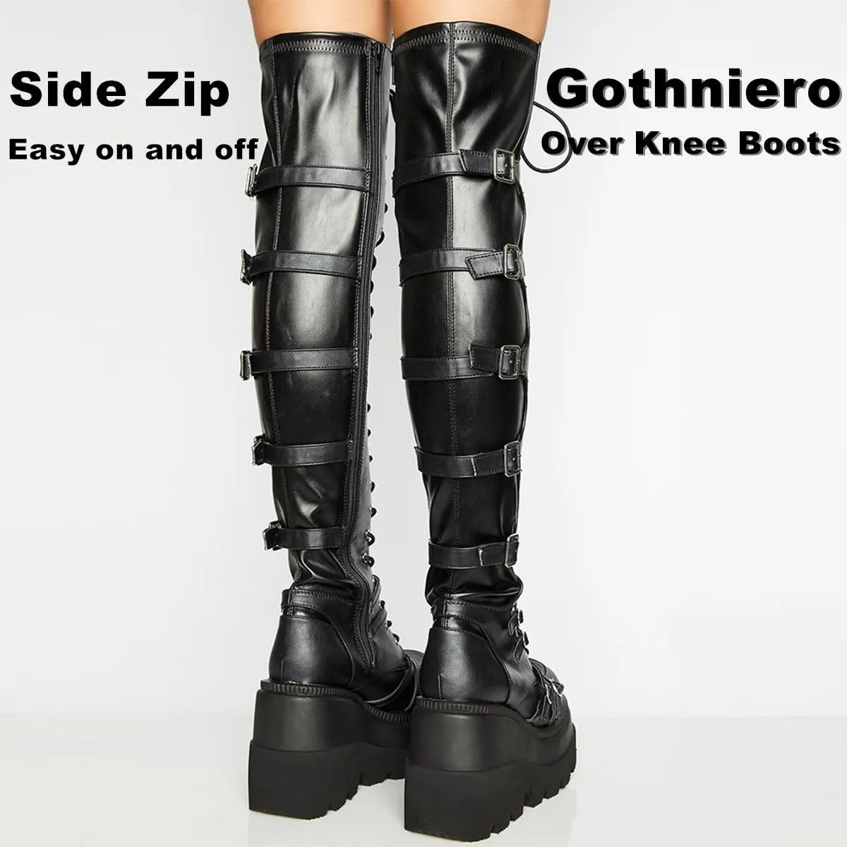 Gothniero Black Platform Boots Over Knee Thigh High Goth Boots for Women Chunky Heel Rave Motorcycle Boots with Buckles Side Zip Lace Boots Size5.5-10