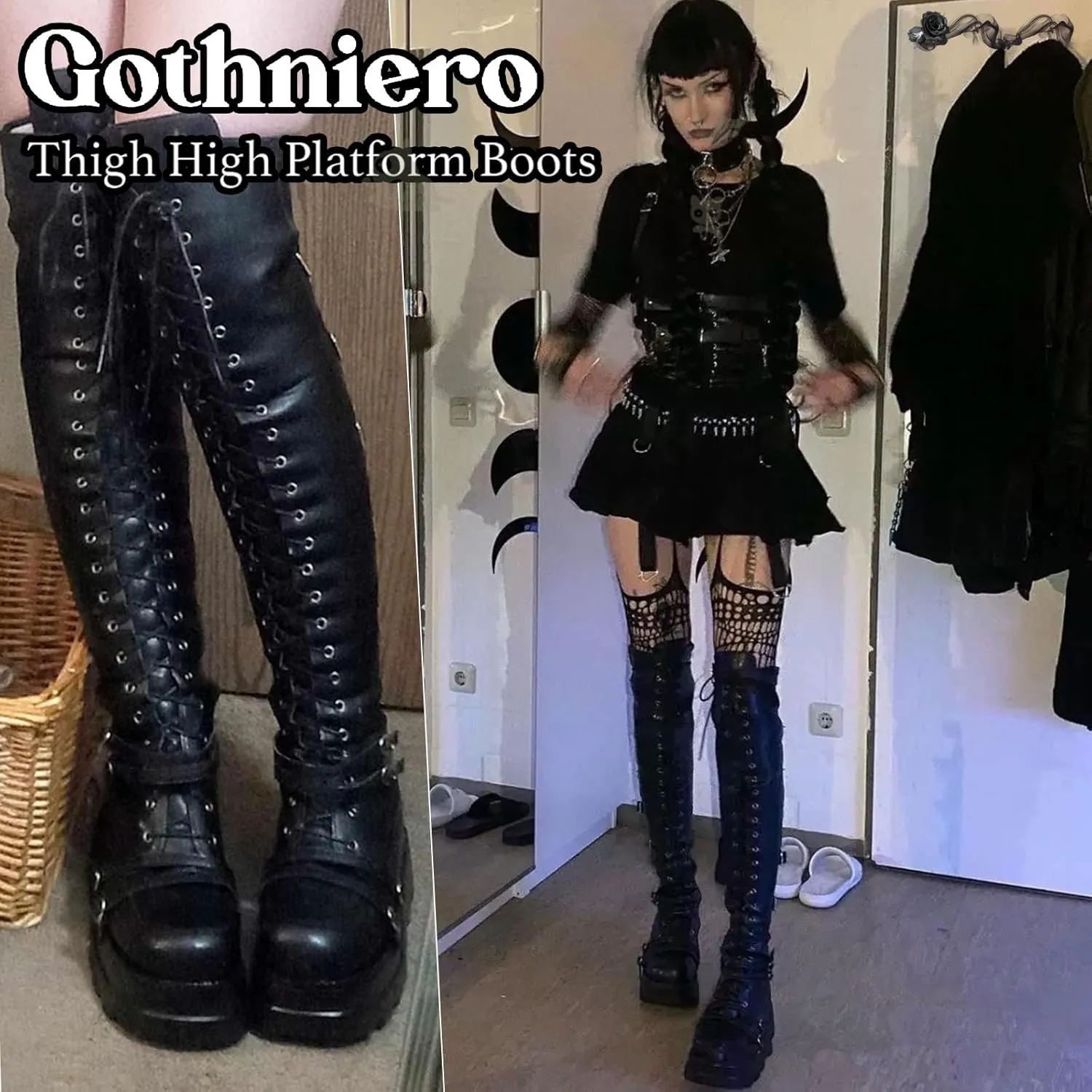 Gothniero Black Platform Boots Over Knee Thigh High Goth Boots for Women Chunky Heel Rave Motorcycle Boots with Buckles Side Zip Lace Boots Size5.5-10