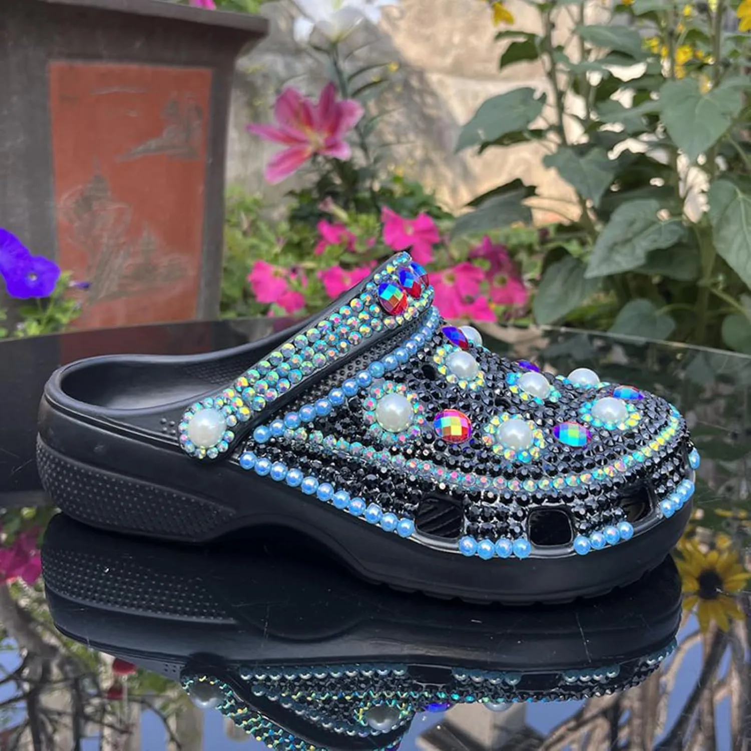 Hanfike Womens Casual Fashion Slide Mules with Rhinestone Closed Toe Comfort Flats
