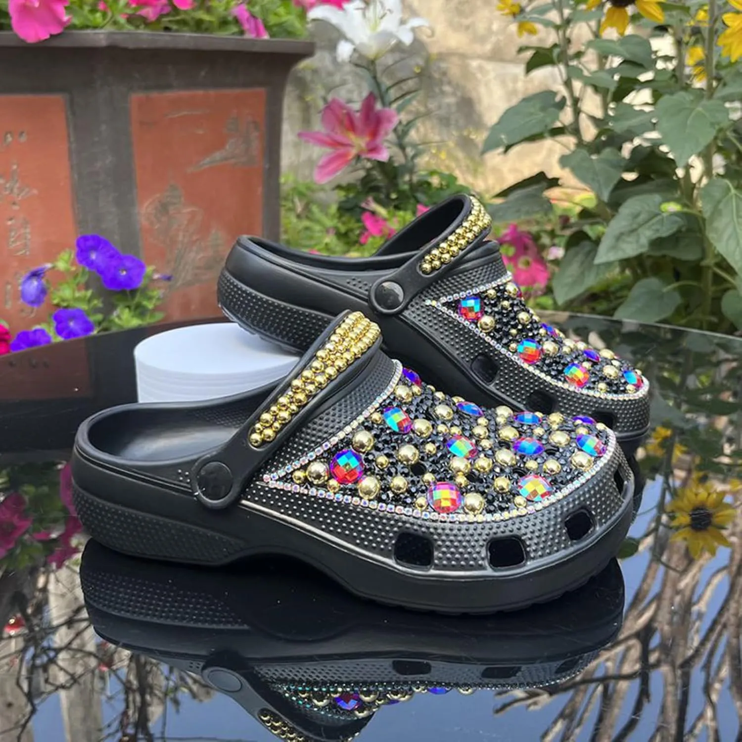 Hanfike Womens Casual Fashion Slide Mules with Rhinestone Closed Toe Comfort Flats