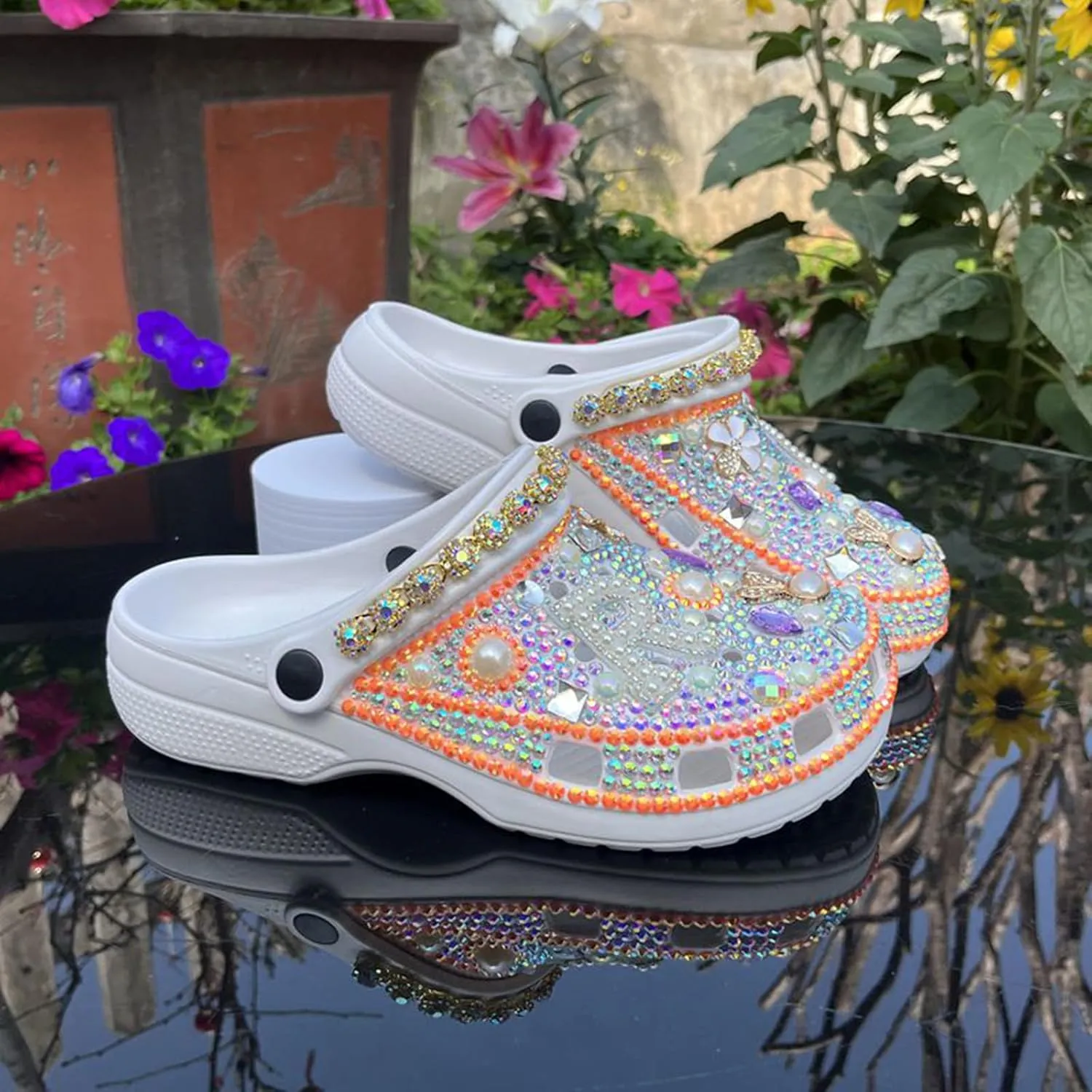 Hanfike Womens Casual Fashion Slide Mules with Rhinestone Closed Toe Comfort Flats