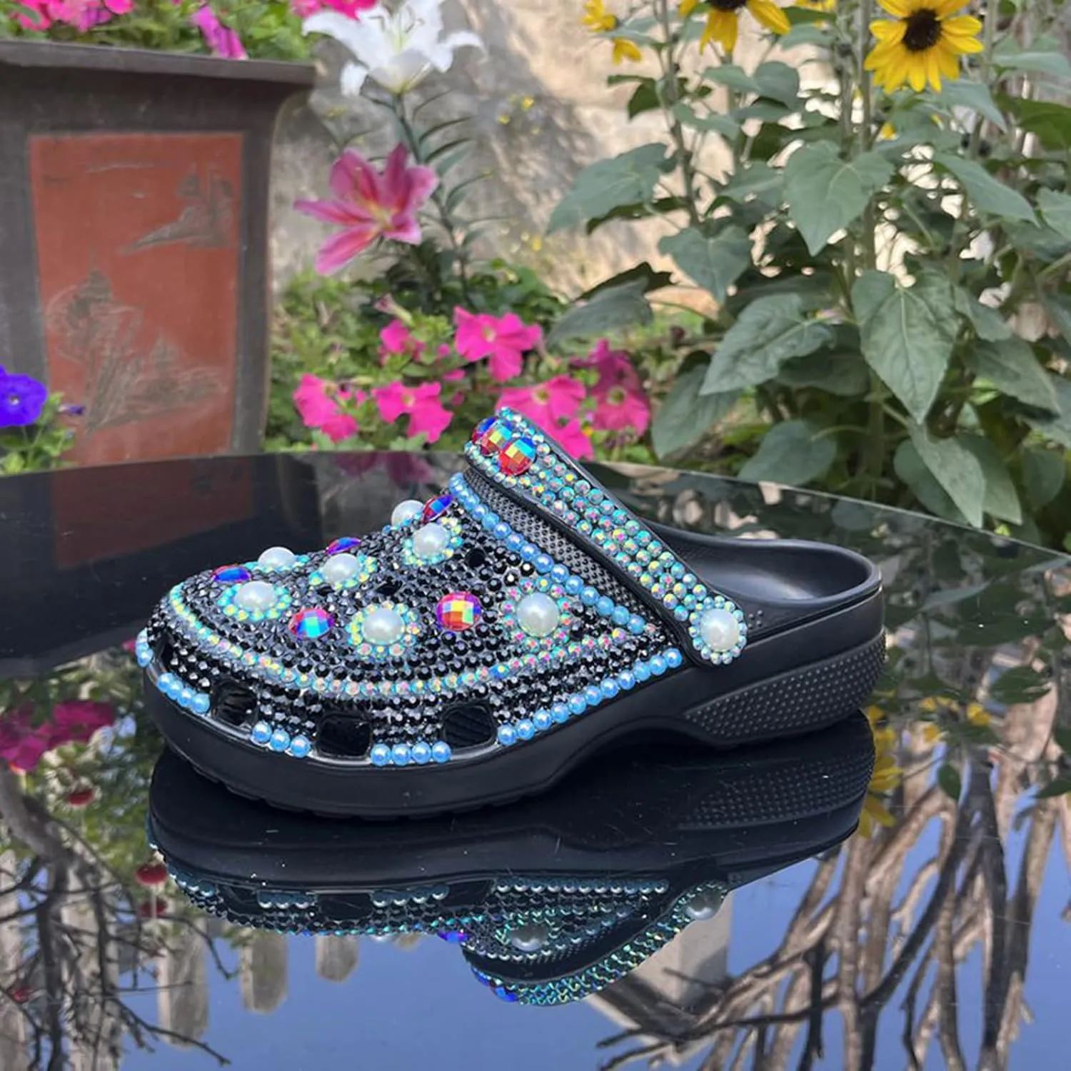 Hanfike Womens Casual Fashion Slide Mules with Rhinestone Closed Toe Comfort Flats