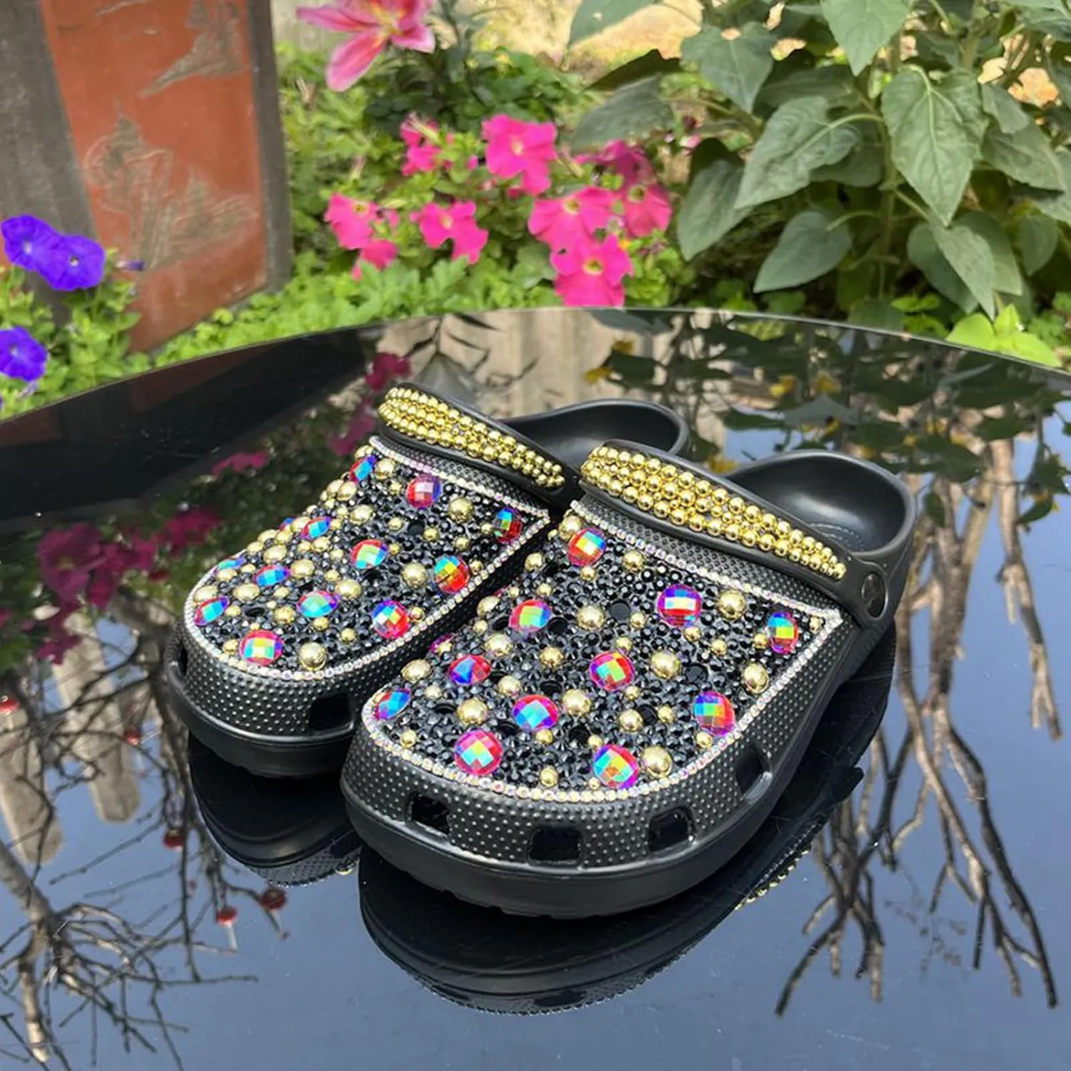 Hanfike Womens Casual Fashion Slide Mules with Rhinestone Closed Toe Comfort Flats