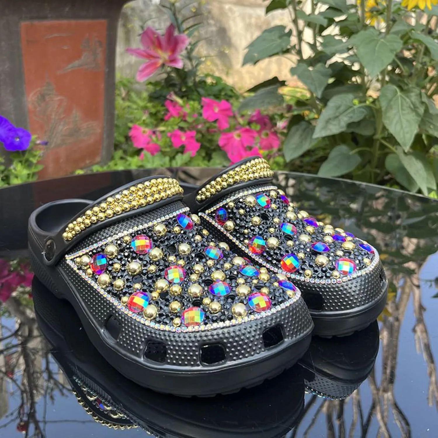 Hanfike Womens Casual Fashion Slide Mules with Rhinestone Closed Toe Comfort Flats