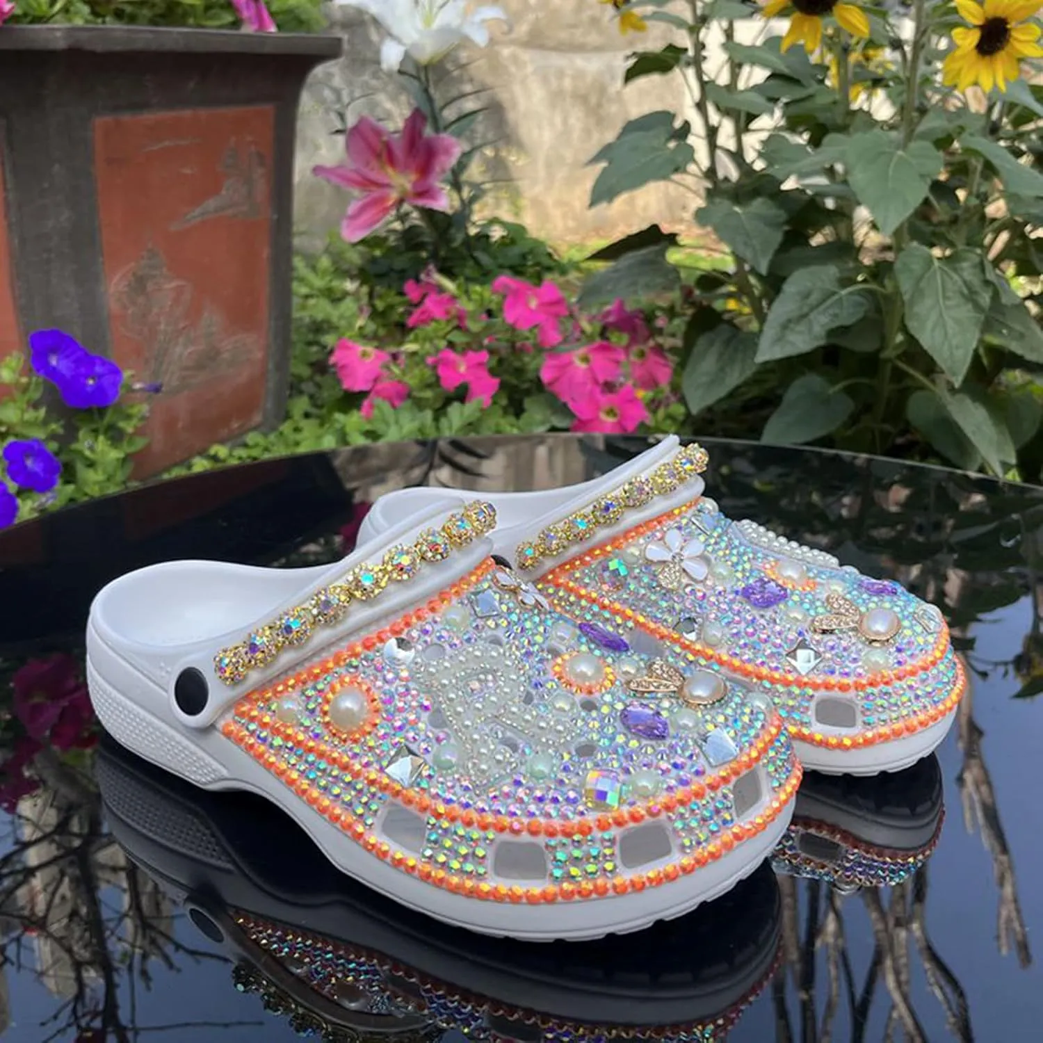 Hanfike Womens Casual Fashion Slide Mules with Rhinestone Closed Toe Comfort Flats