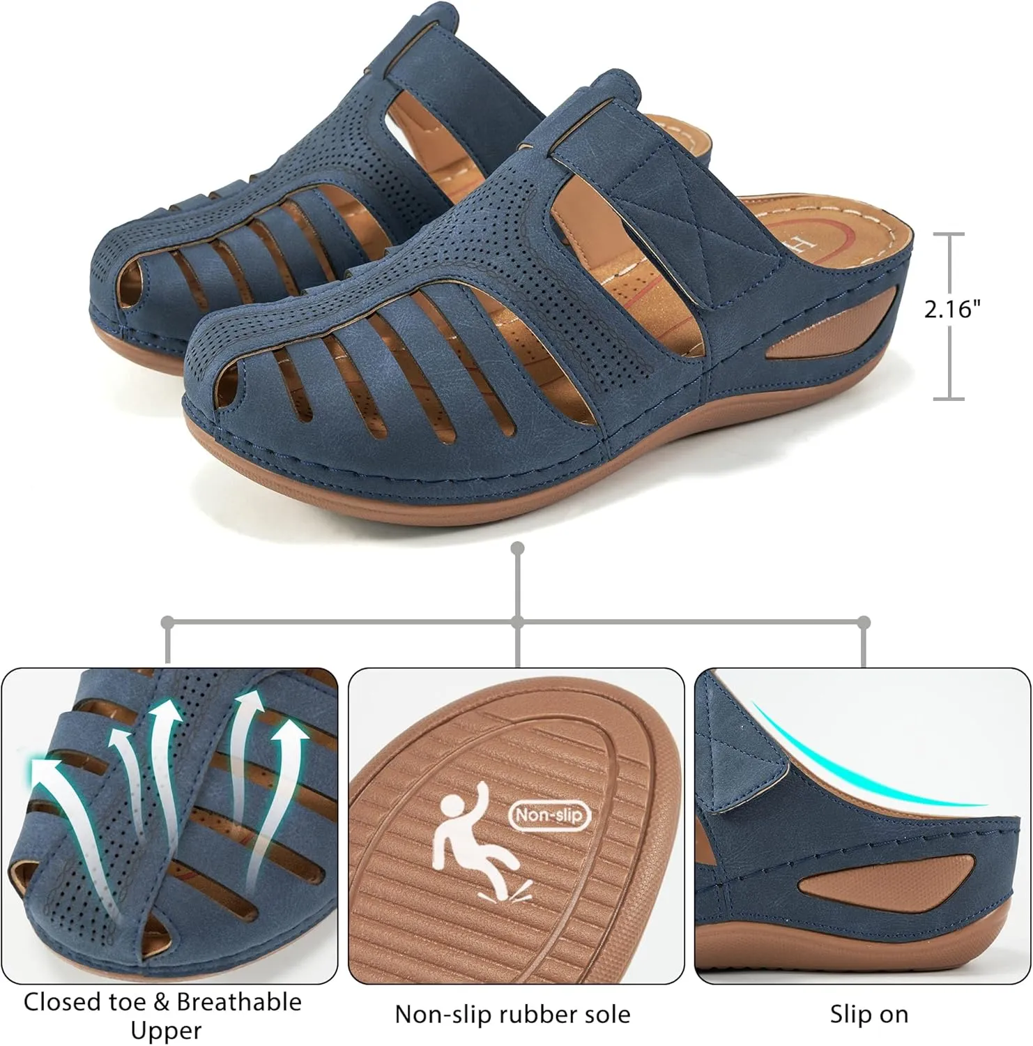 HARENCE Clogs for Women Mules Shoes: Comfortable Dressy Closed Toe Platform Sandals Summer Casual Adjustable Slip On Walking Wedges