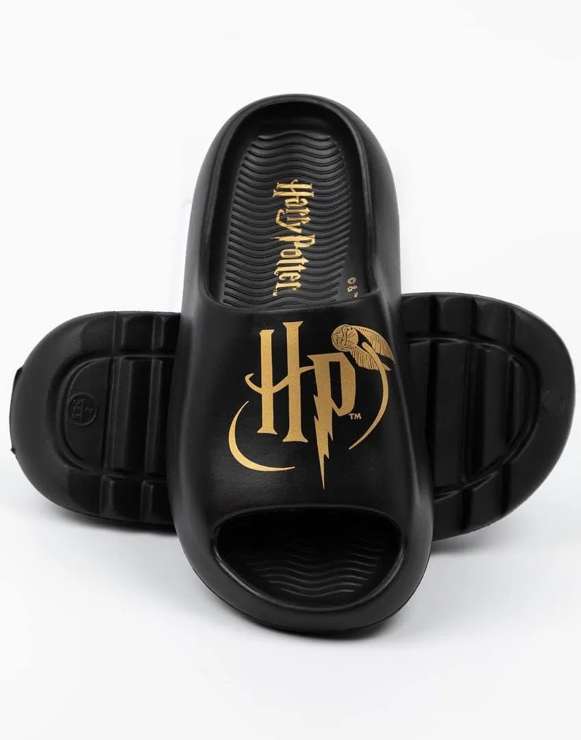 Harry Potter Kids Sliders | Boys & Girls Black Moulded Sandals with Golden Snitch HP Logo in Foil | Slip-on Pool Footwear
