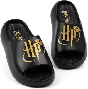 Harry Potter Kids Sliders | Boys & Girls Black Moulded Sandals with Golden Snitch HP Logo in Foil | Slip-on Pool Footwear