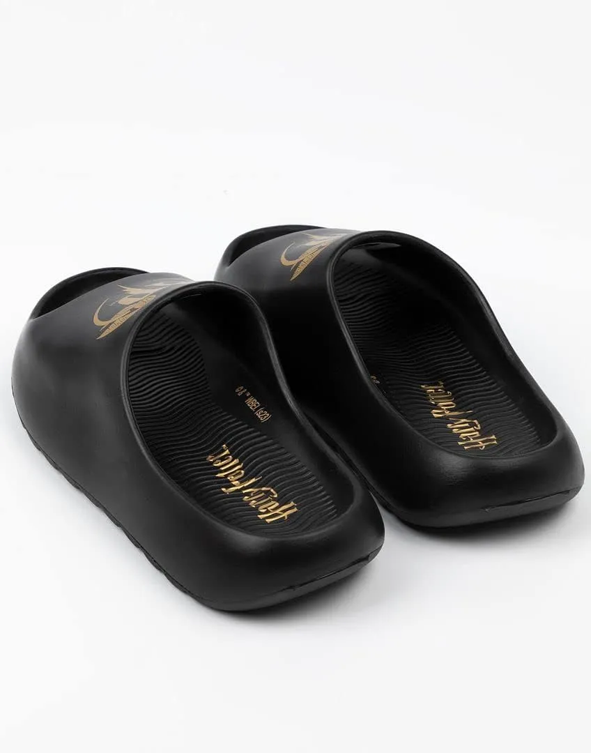 Harry Potter Kids Sliders | Boys & Girls Black Moulded Sandals with Golden Snitch HP Logo in Foil | Slip-on Pool Footwear