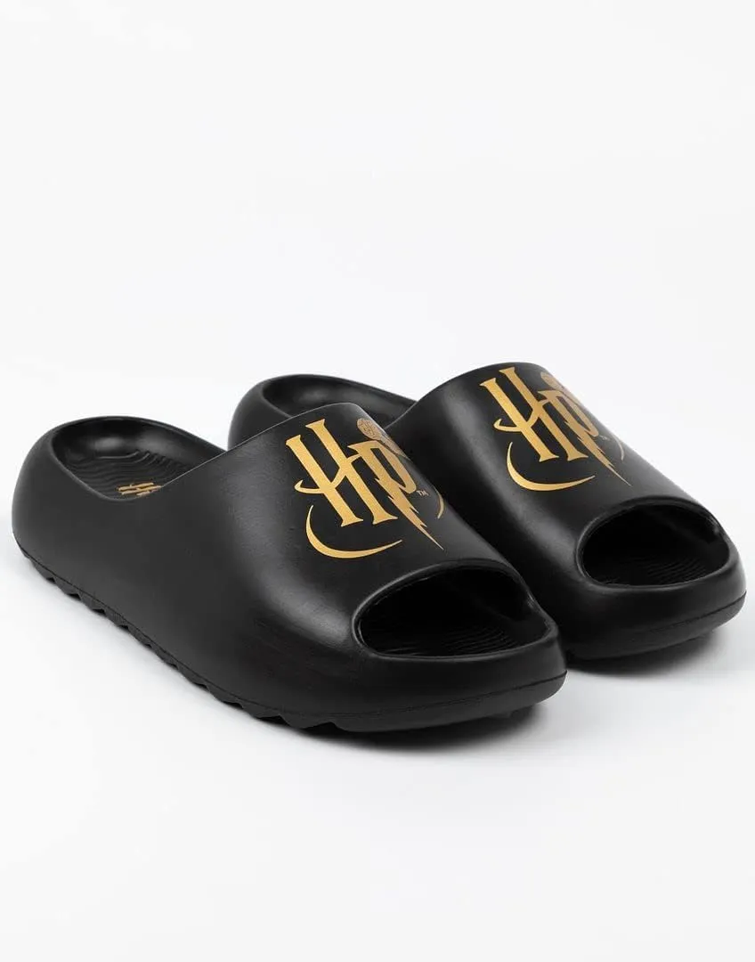 Harry Potter Kids Sliders | Boys & Girls Black Moulded Sandals with Golden Snitch HP Logo in Foil | Slip-on Pool Footwear