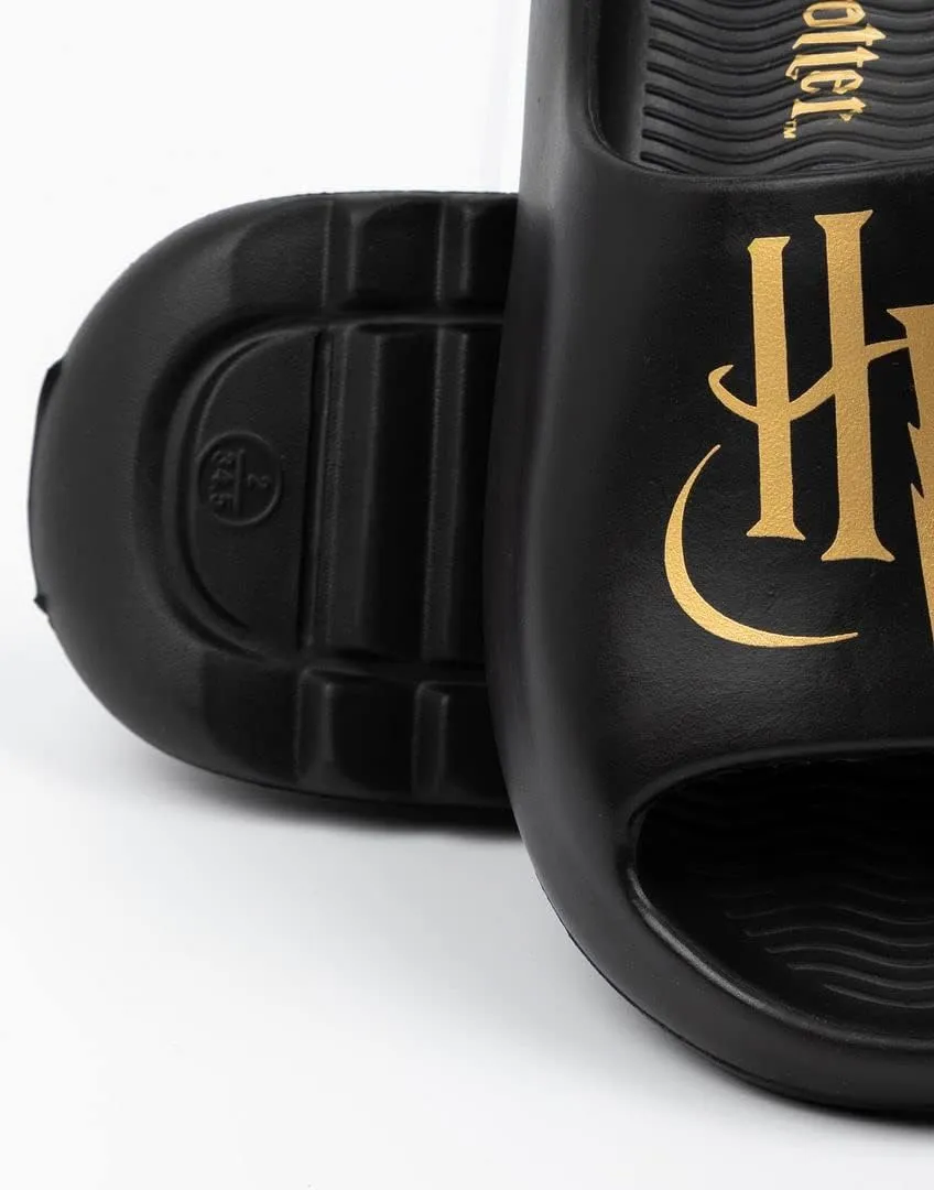 Harry Potter Kids Sliders | Boys & Girls Black Moulded Sandals with Golden Snitch HP Logo in Foil | Slip-on Pool Footwear