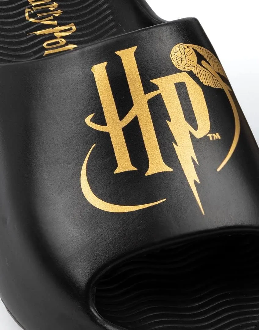 Harry Potter Kids Sliders | Boys & Girls Black Moulded Sandals with Golden Snitch HP Logo in Foil | Slip-on Pool Footwear